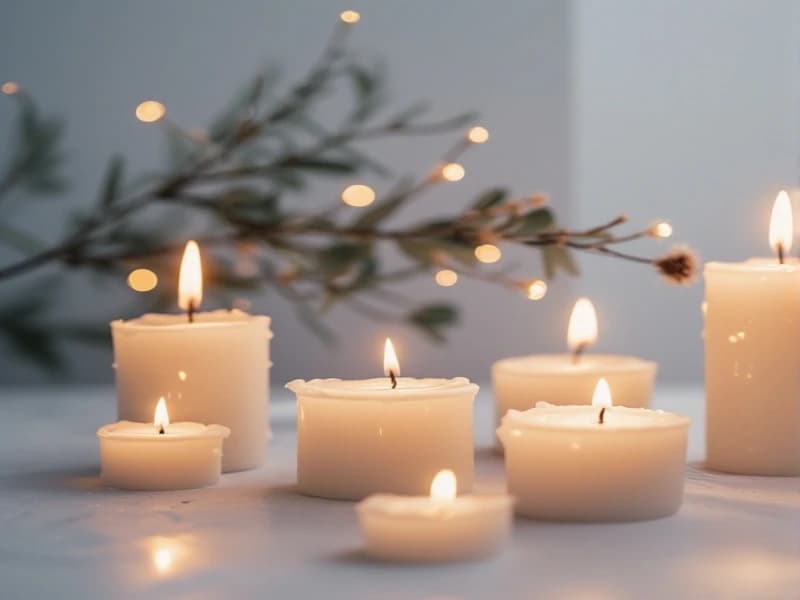Burning candles with small branch with lights on behind.